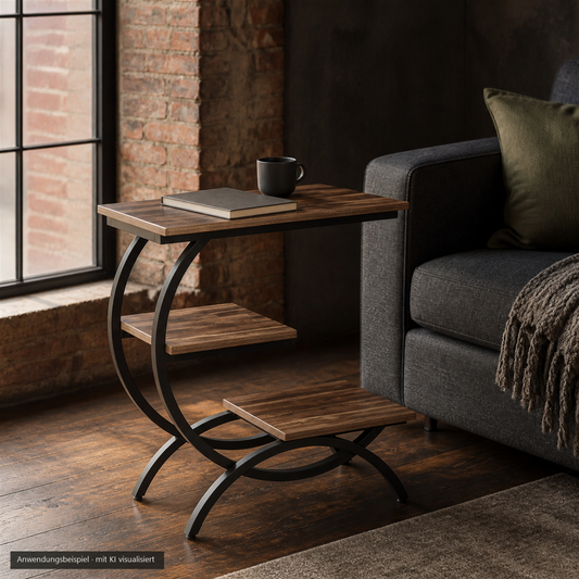 FORGEWOOD™ Beistelltisch neben einem Sofa im Loft – Anwendungsbeispiel, mit KI visualisiert