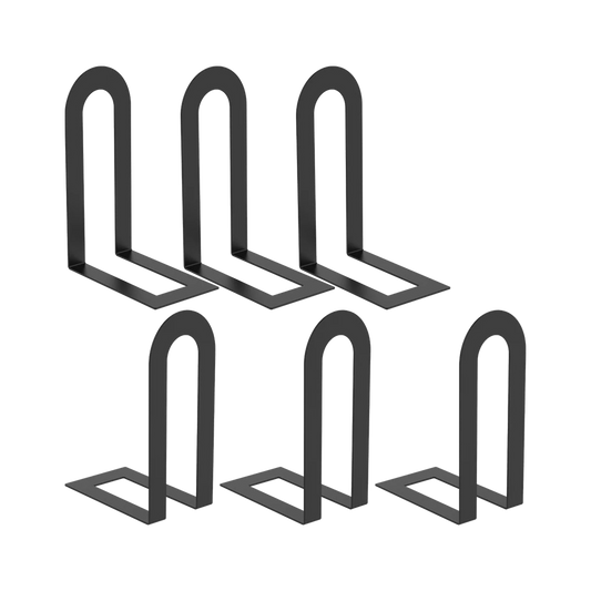 Sechs IRONFORM Buchstützen aus schwarzem Metall – echter Freisteller