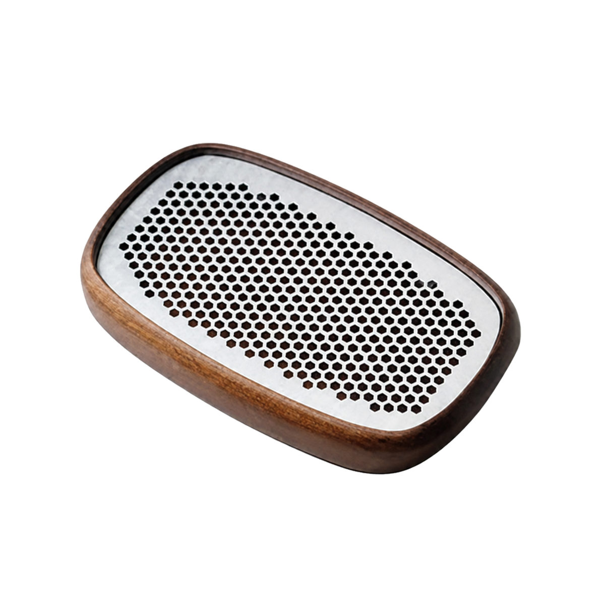 IRONFORM Tablett oval aus Walnussholz mit perforiertem Metalleinsatz – freigestellte Produktdarstellung