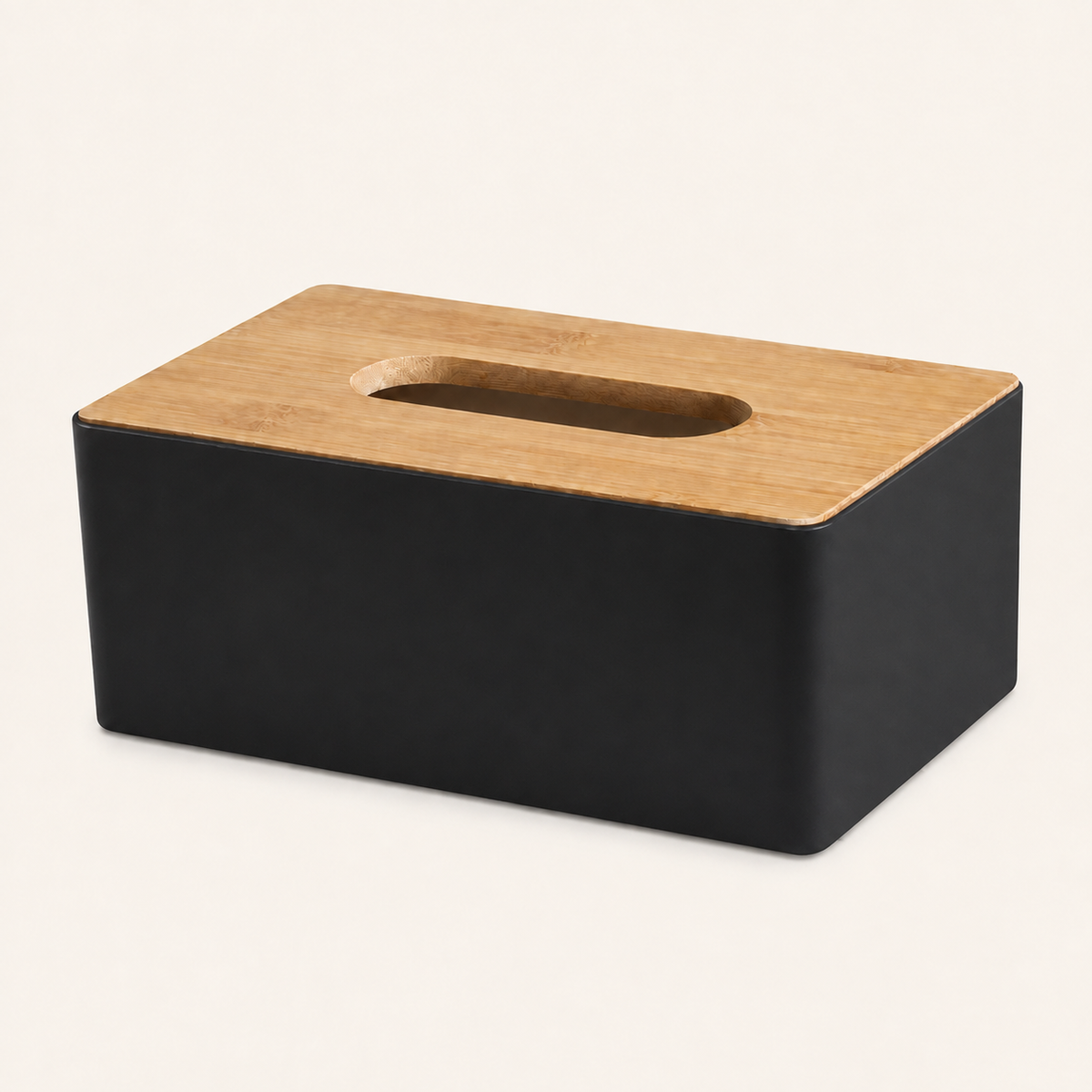 IRONFORM Taschentuchbox in Schwarz mit Bambusdeckel, freigestellt