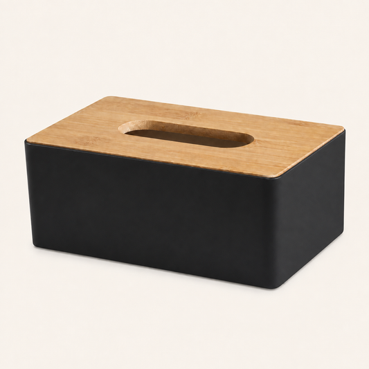 IRONFORM Taschentuchbox in Schwarz mit Bambusdeckel, freigestellt