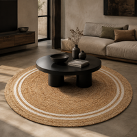 LOFTWEAVE runder Jute-Teppich im modernen Wohnzimmer – Anwendungsbeispiel, mit KI visualisiert