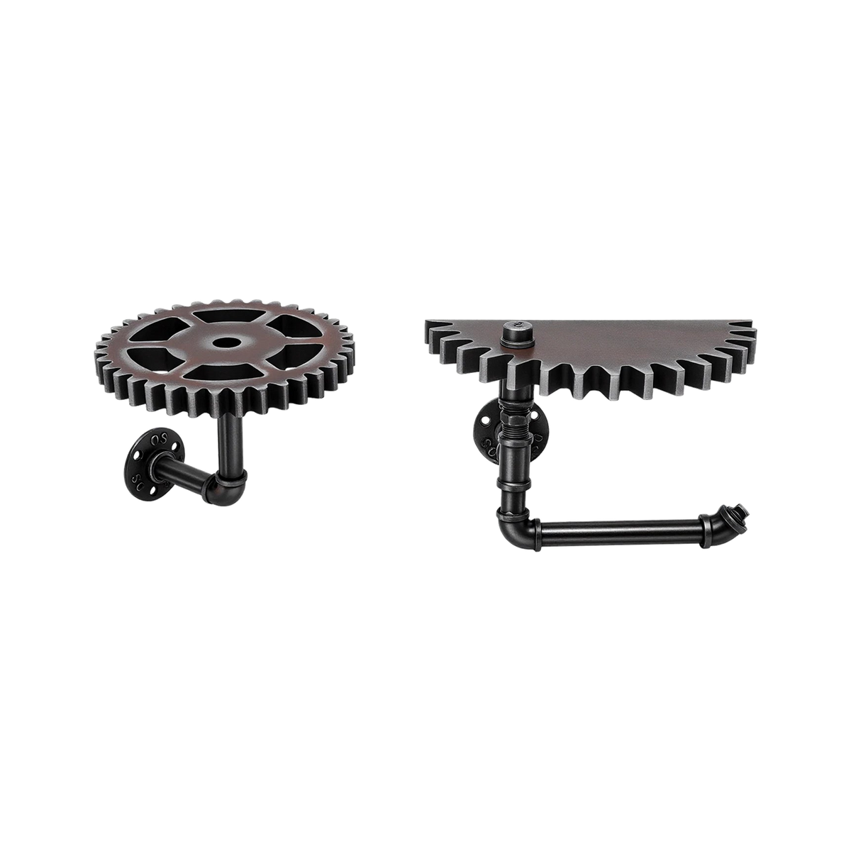 PIPEWORKS Wandregal-Set mit rundem und halbrundem Zahnradregal aus schwarzem Metall