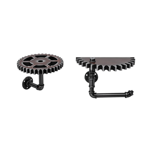 PIPEWORKS Wandregal-Set mit rundem und halbrundem Zahnradregal aus schwarzem Metall